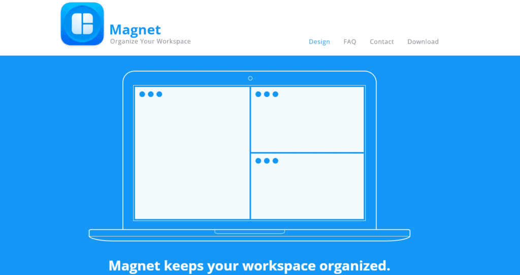 An illustrated laptop with a blue background displaying organized workspace sections and the Magnet app logo and tagline.