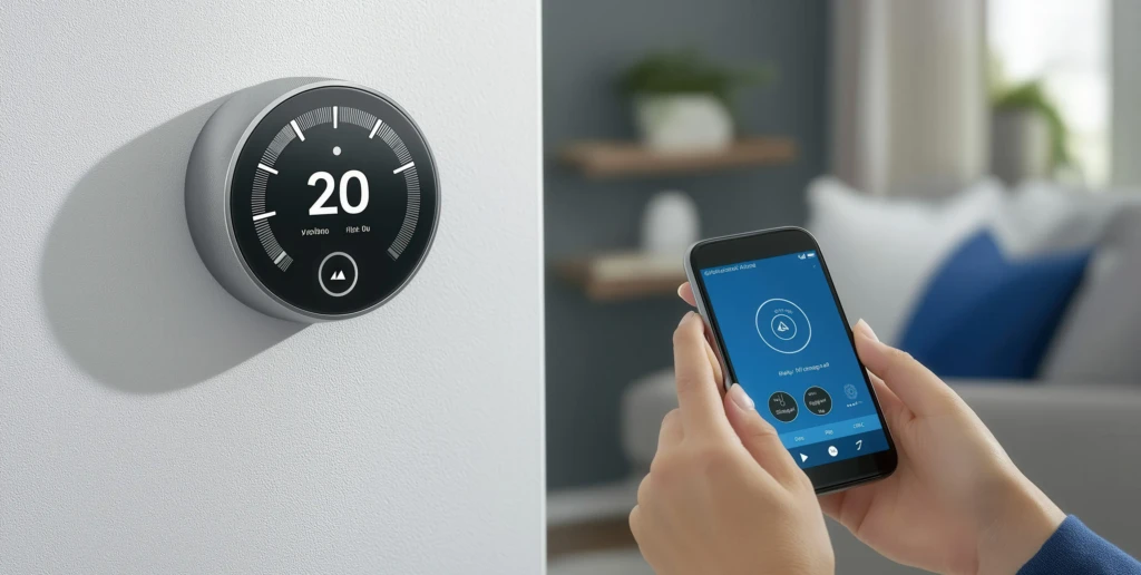 A split-screen image showing a modern, circular smart thermostat mounted on a white wall, displaying a temperature of 20°C. On the right, a person's hands hold a smartphone with an app interface, demonstrating remote control of the thermostat from a cozy living room setting.