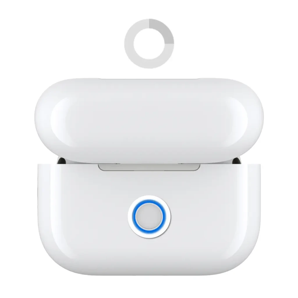 A close-up, front-facing view of an open white AirPods charging case. The circular status light on the front is illuminated with a blue ring, indicating it is in pairing mode or charging. A gray loading icon is shown above the case.