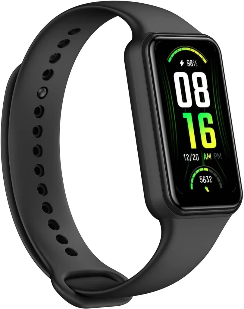 Amazfit Band 7 fitness tracker with black case and band showing digital time, battery percentage, and step count.