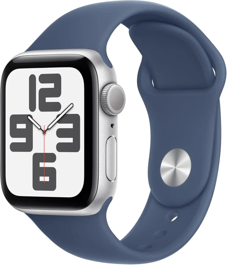 Apple Watch SE with silver case and blue sport band displaying an analog watch face.