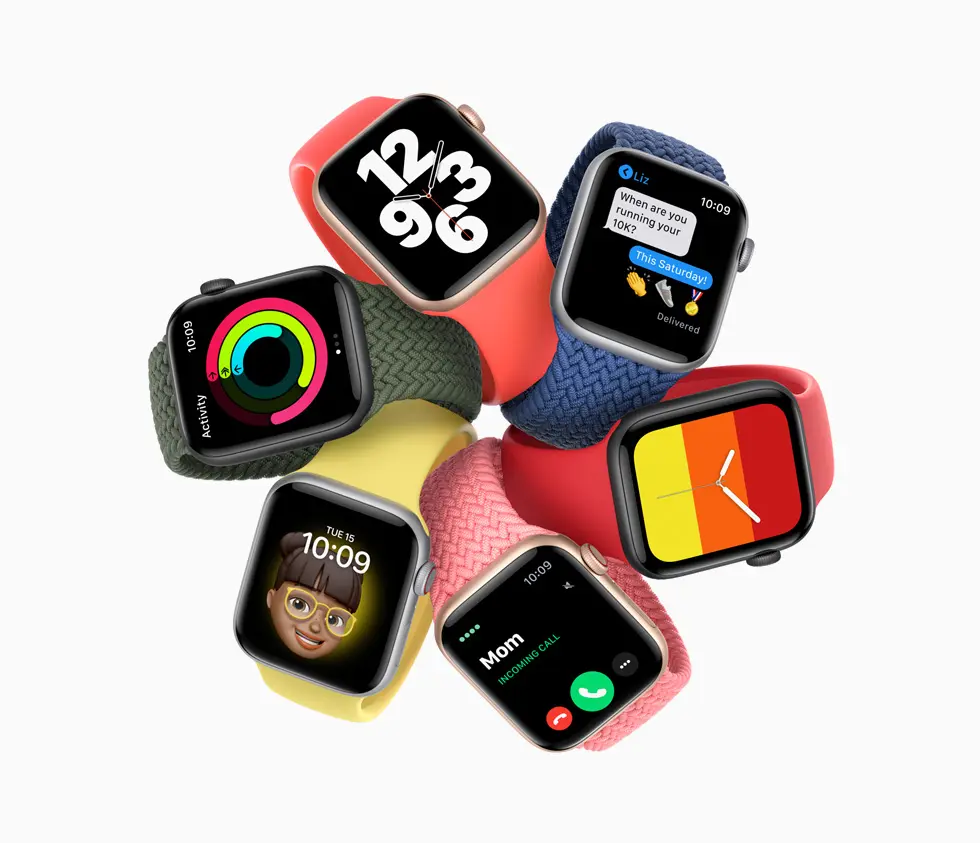 A dynamic arrangement of six Apple Watches in various colors and band styles, showcasing different features on their screens: Activity rings, an analog clock, a text message, an incoming call, and a Memoji face, all against a clean white background.
