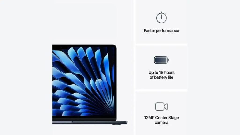 A sleek laptop showcasing vibrant blue design elements, with features highlighting faster performance, 18-hour battery life, and a 12MP camera.