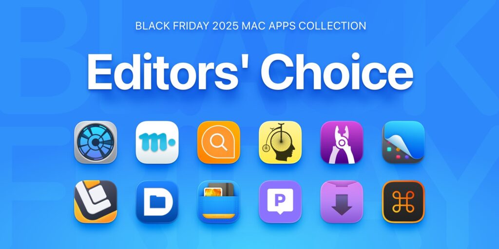 Image features the "Editors' Choice" collection of Mac apps for Black Friday 2025, showcasing various app icons on a blue background.