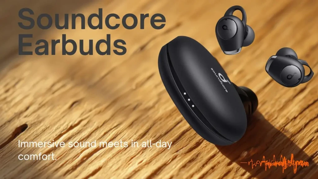 Black Soundcore earbuds on a wooden surface, highlighting their sleek design and promise of immersive sound and all-day comfort.