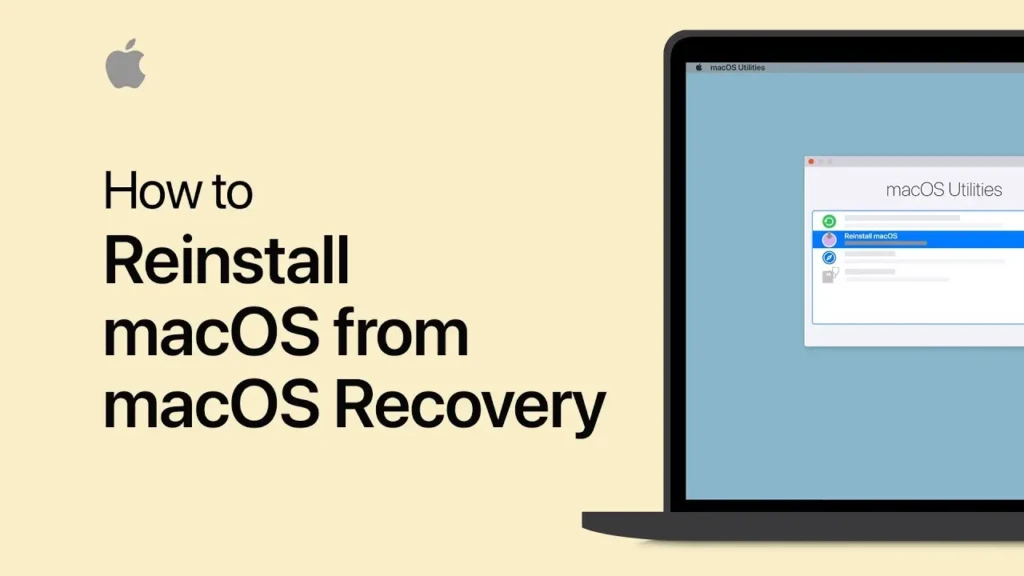 A promotional graphic titled "How to Reinstall macOS from macOS Recovery." It features a MacBook on the right with its screen displaying the macOS Utilities menu, specifically highlighting the "Reinstall macOS" option against a light yellow background with the Apple logo.