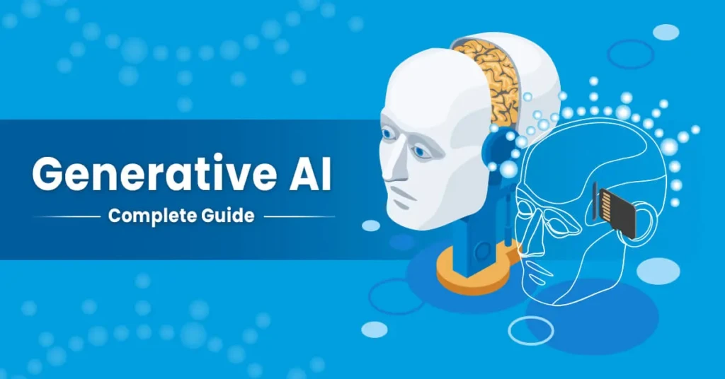A promotional graphic titled "Generative AI Complete Guide." It features a stylized illustration of a robotic head with a visible brain, alongside an outline of a human head with a circuit board, set against a blue background with abstract digital elements.