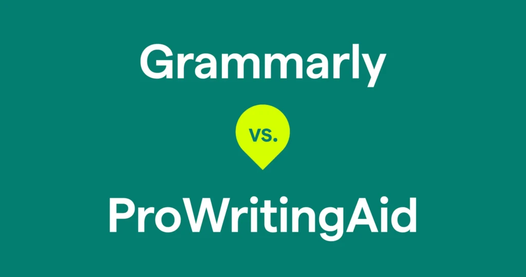 Grammarly vs ProWritingAid title graphic with large text on a green background and a yellow versus icon between the names