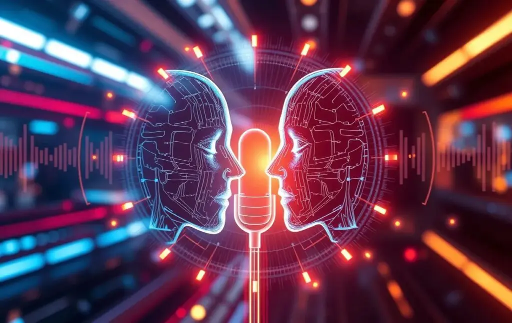 Two futuristic, robotic faces face each other, with a microphone at the center, surrounded by vibrant audio waveforms and digital lights.