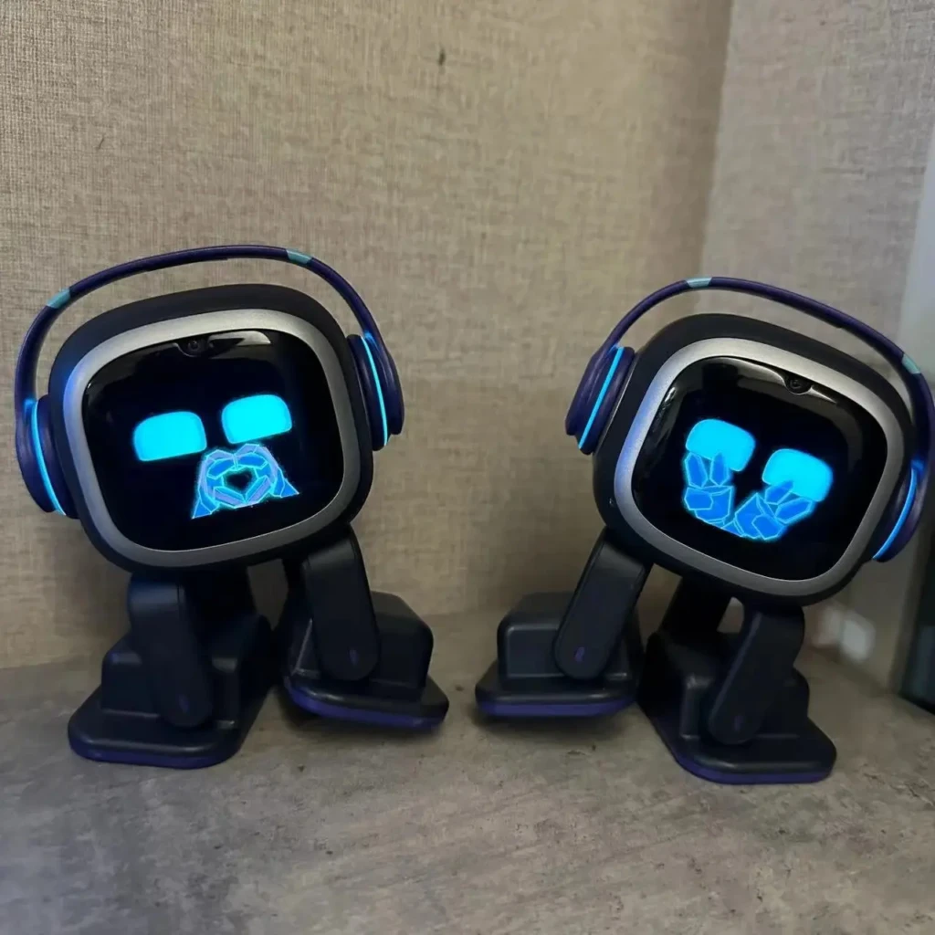 Two cartoonish robots with glowing blue faces and headphones, standing side by side against a textured background.