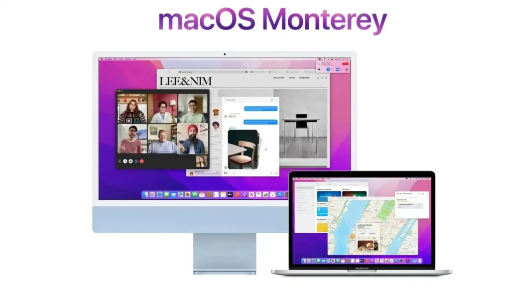 A promotional image for macOS Monterey, featuring an iMac and a MacBook Pro side-by-side. The iMac screen displays a FaceTime group call overlaid on a webpage, while the MacBook Pro shows a map application. The text "macOS Monterey" is displayed prominently at the top.