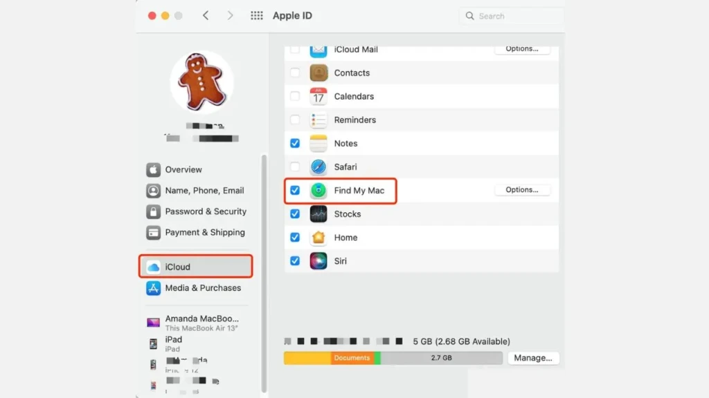 A screenshot of the Apple ID settings window in macOS System Preferences. The "iCloud" section is highlighted, and within it, the "Find My Mac" option is selected and outlined in red, showing how to enable this security feature.