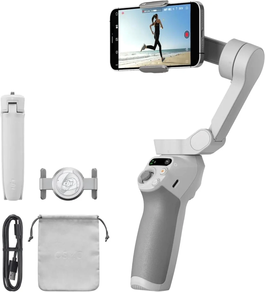 Smartphone gimbal stabilizer with a gray handle and attached smartphone, includes a tripod, charging cable, and storage pouch.