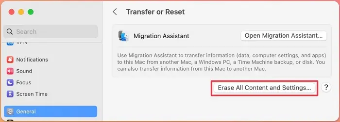 A screenshot of the macOS System Preferences window, specifically the "Transfer or Reset" section under General settings. The interface displays options for using Migration Assistant to transfer data and highlights the "Erase All Content and Settings..." button, which is outlined in red to indicate its importance for resetting the Mac to factory defaults.
