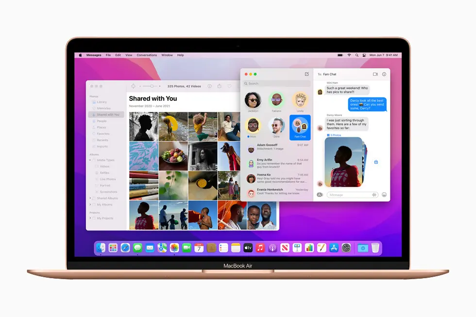 A gold MacBook Air displaying the macOS Monterey interface. The screen shows the Photos app's "Shared with You" section on the left, filled with images, and the Messages app on the right, showing a conversation where photos have been shared directly into the chat.
