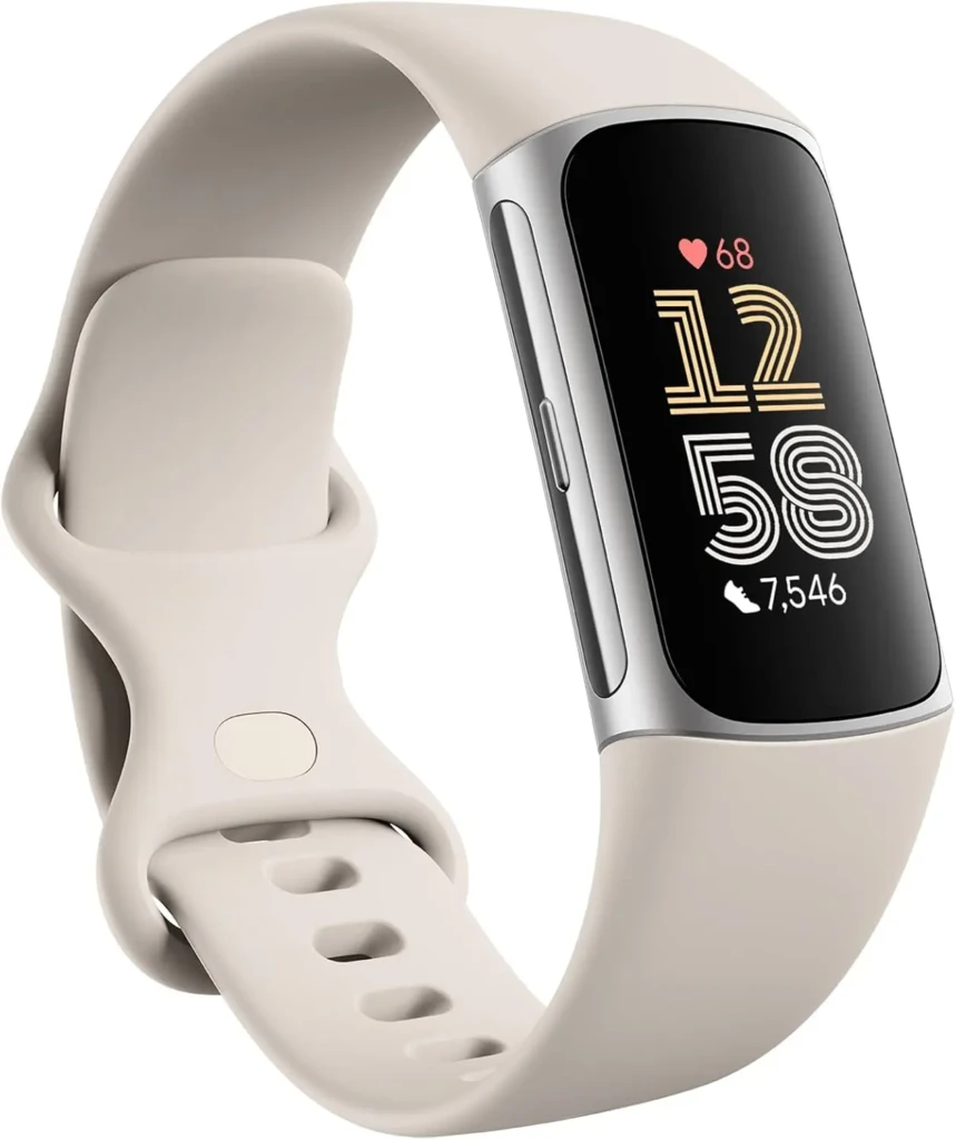 Light beige fitness tracker with curved display showing time, heart rate, and step count.