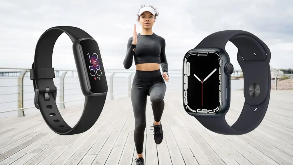 Woman exercising outdoors with a fitness band on the left and a smartwatch on the right, illustrating fitness bands versus smartwatches.