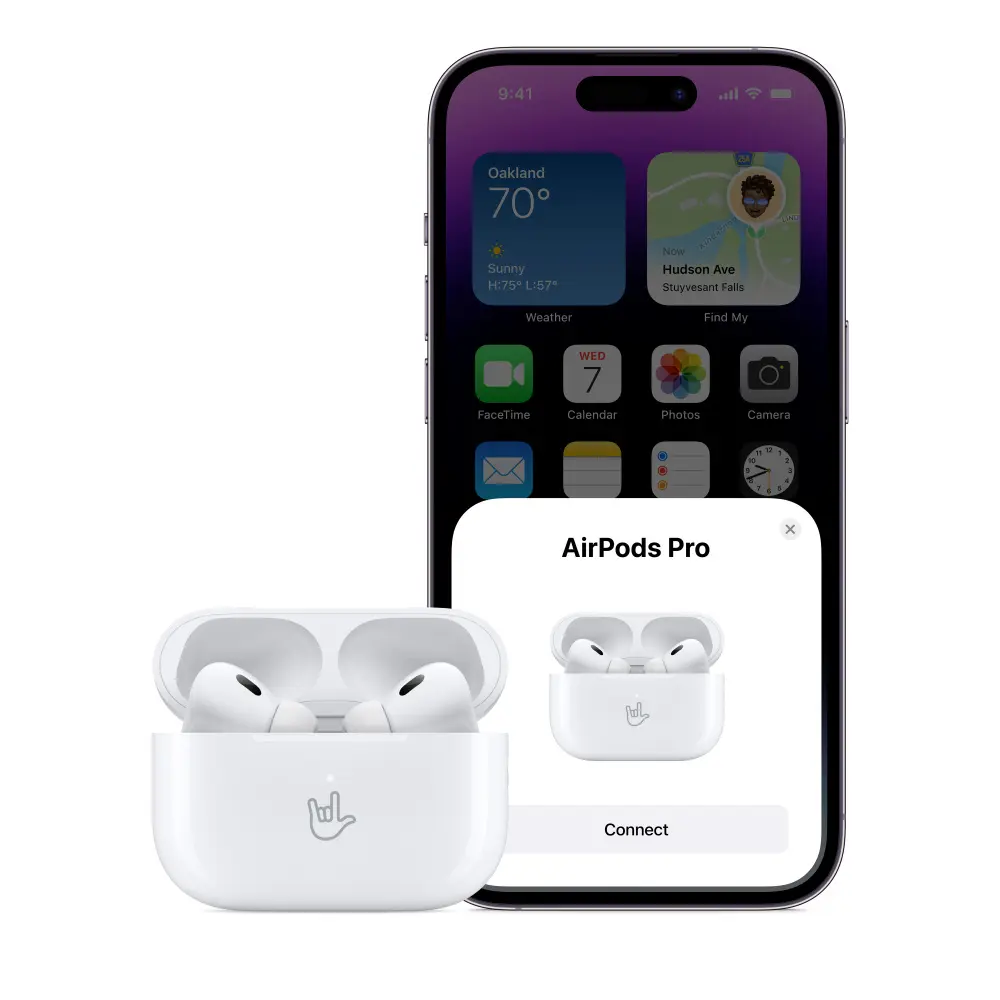 An iPhone with its screen on, displaying the home screen with widgets for Weather and Find My. In front of it is an open white AirPods Pro case, with a pop-up window on the phone screen showing "AirPods Pro" and a "Connect" button, indicating the pairing process.