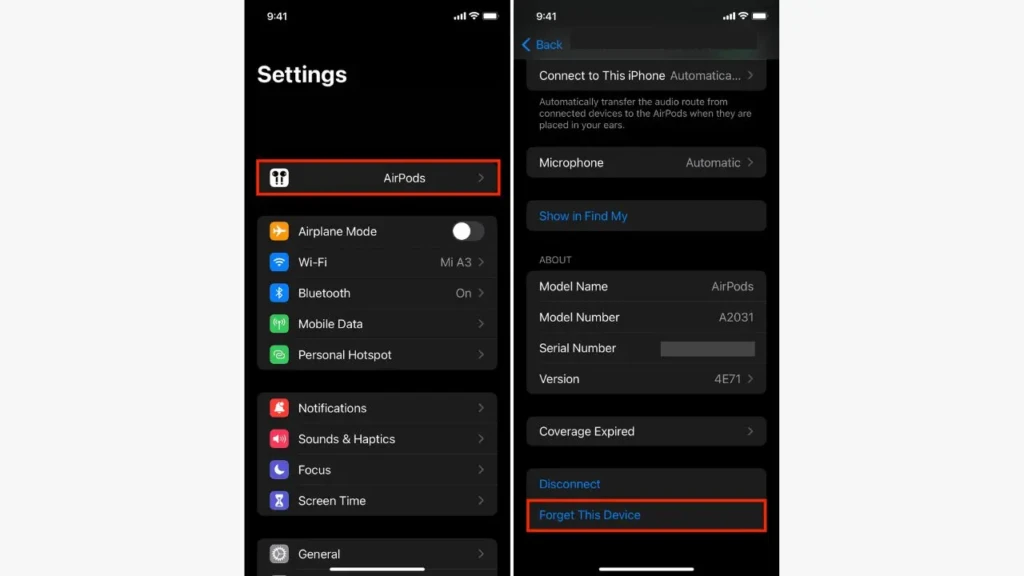 A two-panel screenshot showing how to forget a Bluetooth device in iOS Settings. The left panel highlights the "AirPods" option in the main settings menu. The right panel shows the AirPods details page with the "Forget This Device" button highlighted in red at the bottom.