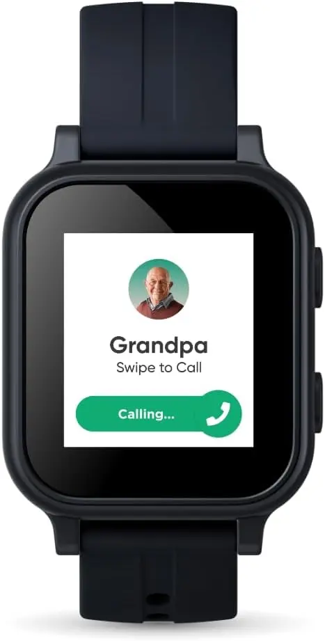 Gabb Watch 3e kids smartwatch with black band displaying an incoming call screen labeled ‘Grandpa.’