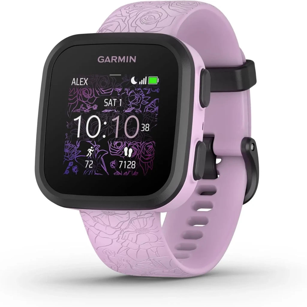 Garmin Bounce kids smartwatch with a lavender band and square display showing time, steps, and activity icons.