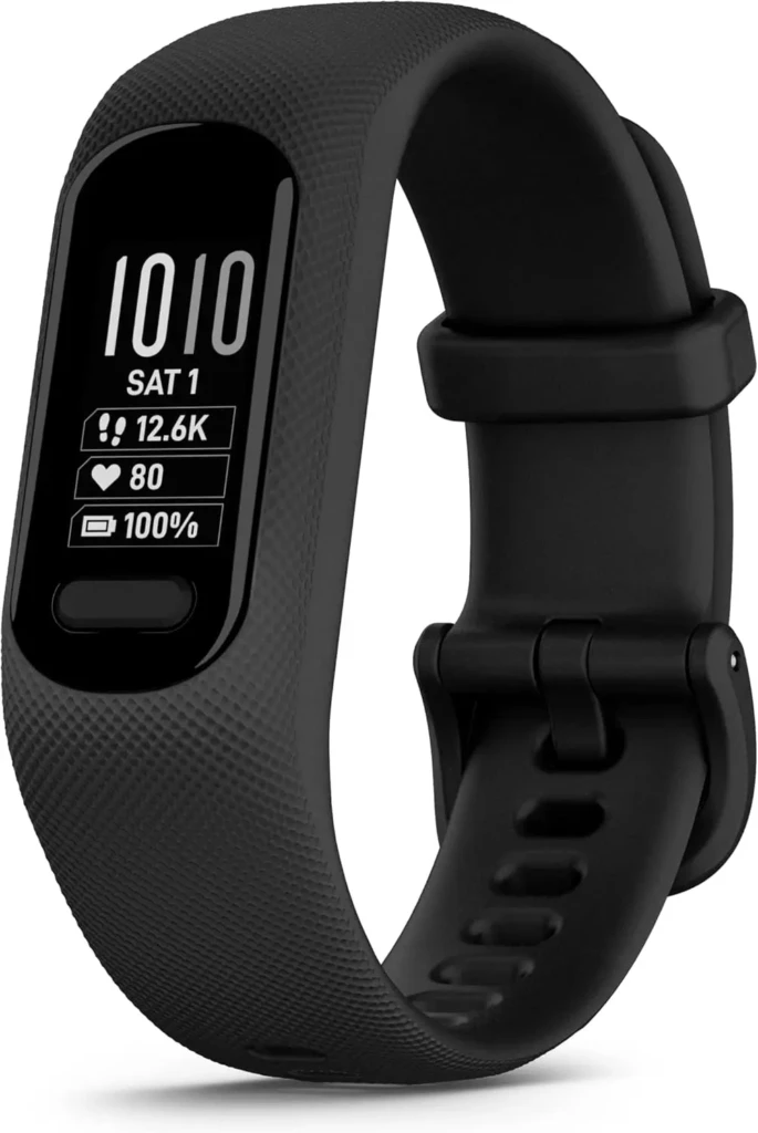 Garmin Vivosmart 5 fitness tracker with black band and narrow display showing time, steps, heart rate, and battery status.