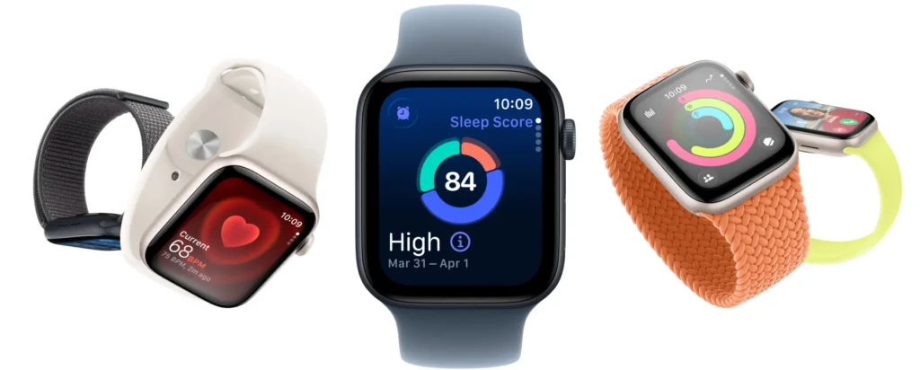 Three Apple Watches are displayed side-by-side against a white background, highlighting key health and fitness features. From left to right: a heart rate monitor, a Sleep Score of 84, and the Activity rings, with a fourth watch partially visible showing an incoming call.