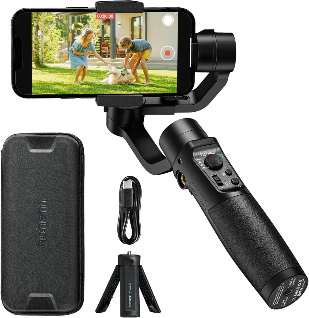 A smartphone gimbal stabilizer with a tripod, cable, and carrying case, showcasing a video recording of kids playing with a dog.