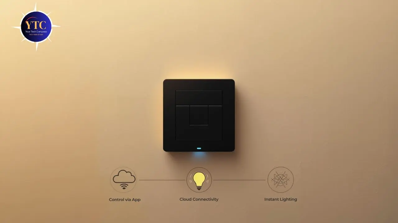 Smart light switch on a wall, featuring app control, cloud connectivity, and instant lighting capabilities, with YTC logo above.