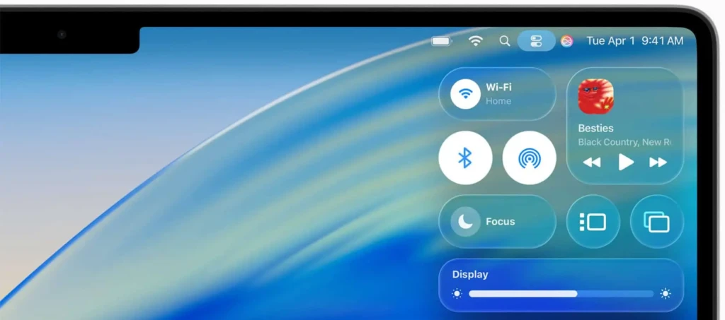 A close-up of the top-right corner of a Mac screen showing the Control Center. It displays quick toggles for Wi-Fi, Bluetooth, Focus mode, and Display brightness, along with a music widget for the album "Besties" by Black Country, New Road.