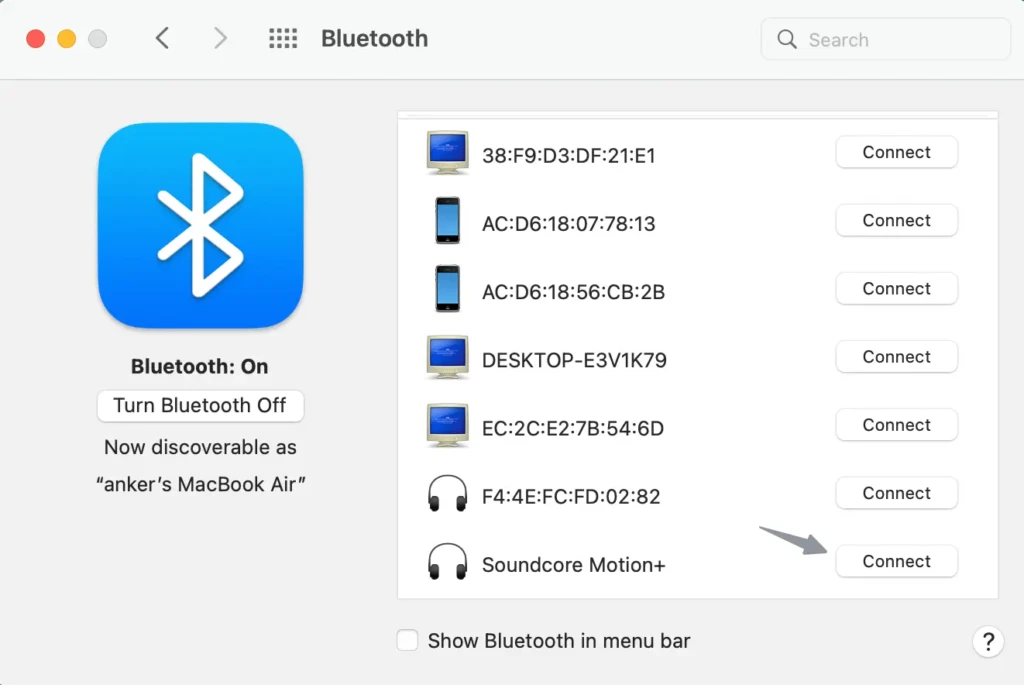 Bluetooth settings interface displaying connected devices, with Soundcore Motion+ shown and ready to connect.