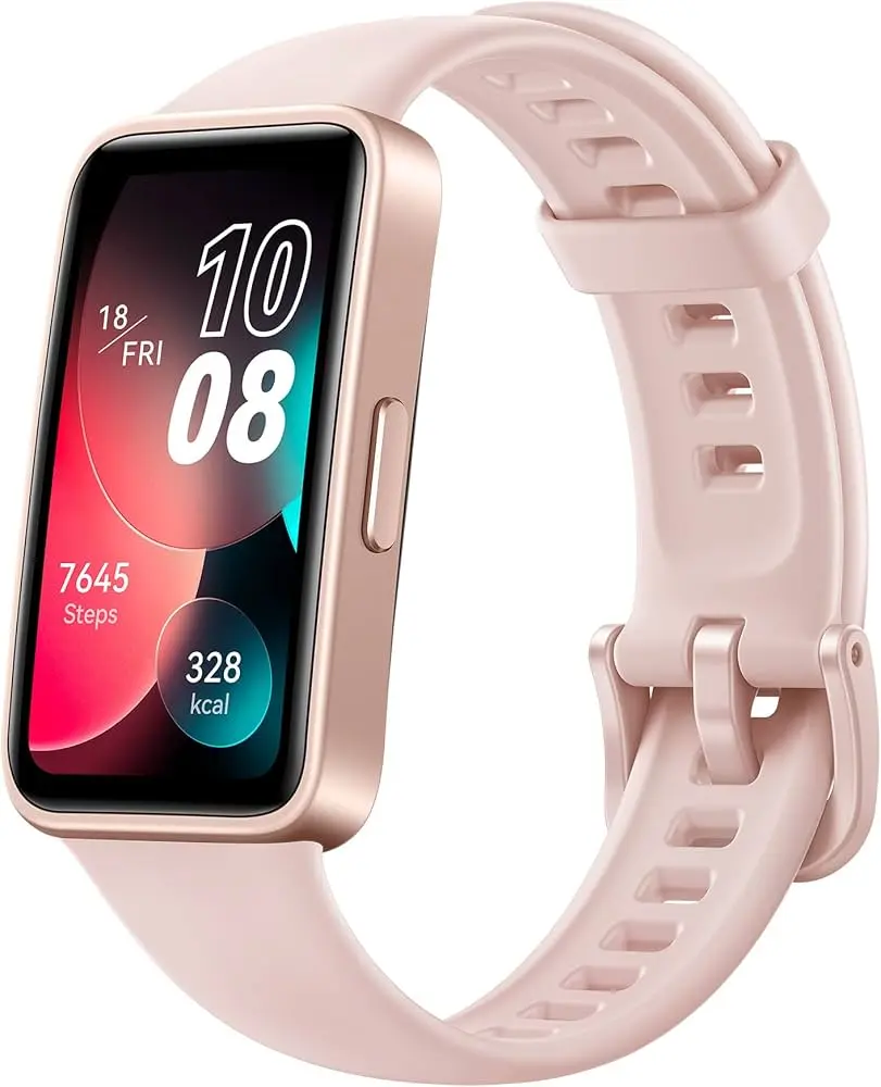 Huawei Band 8 fitness tracker with rose gold case and light pink band displaying time, steps, and calories burned.