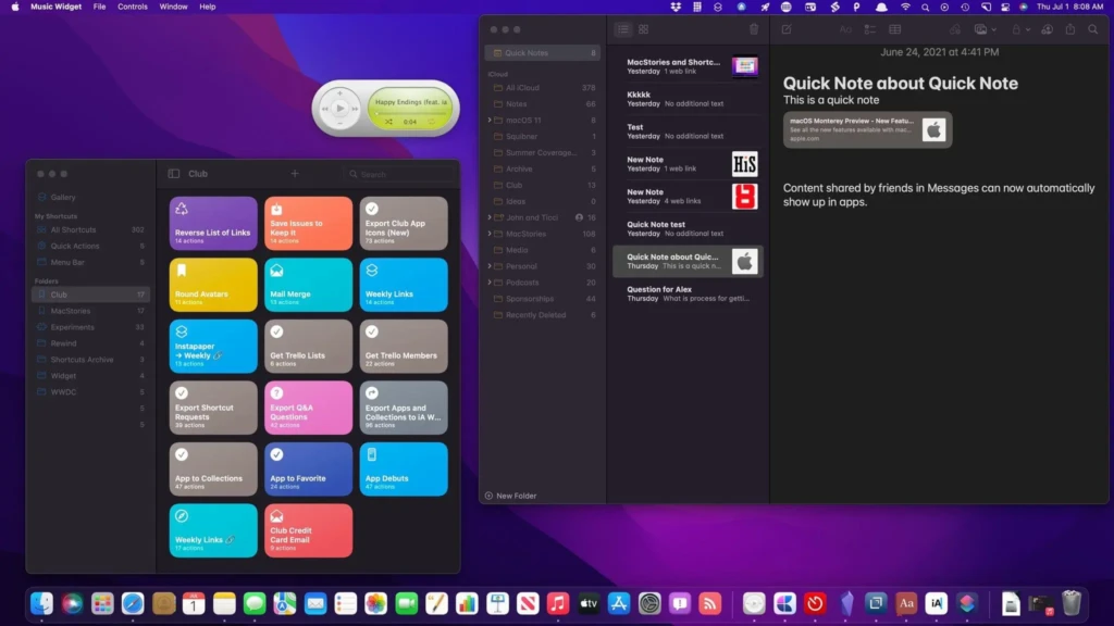A desktop view of macOS Monterey in dark mode, displaying multiple open applications. The Shortcuts app is prominent with its colorful gallery of automation workflows, alongside the Notes app showing a "Quick Note" and a Music widget playing a song on the desktop.