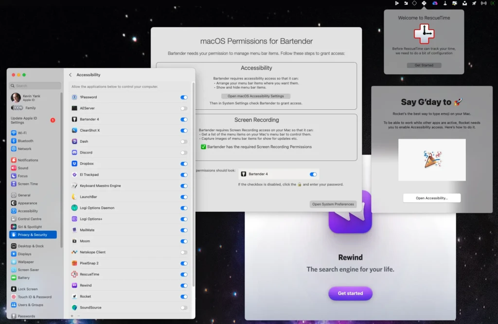 A screenshot demonstrating how to grant permissions for third-party apps on macOS. It shows the Accessibility settings with Bartender 4 enabled, alongside pop-up windows from RescueTime and Rocket guiding the user through granting necessary access for the apps to function properly.