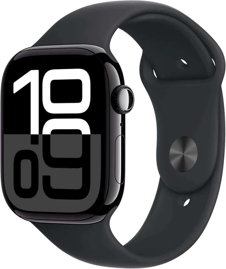 A close-up, angled view of an Apple Watch with a black case and matching black sport band. The screen displays a minimalist digital watch face showing the time as 10:09 in large white numerals against a black background.