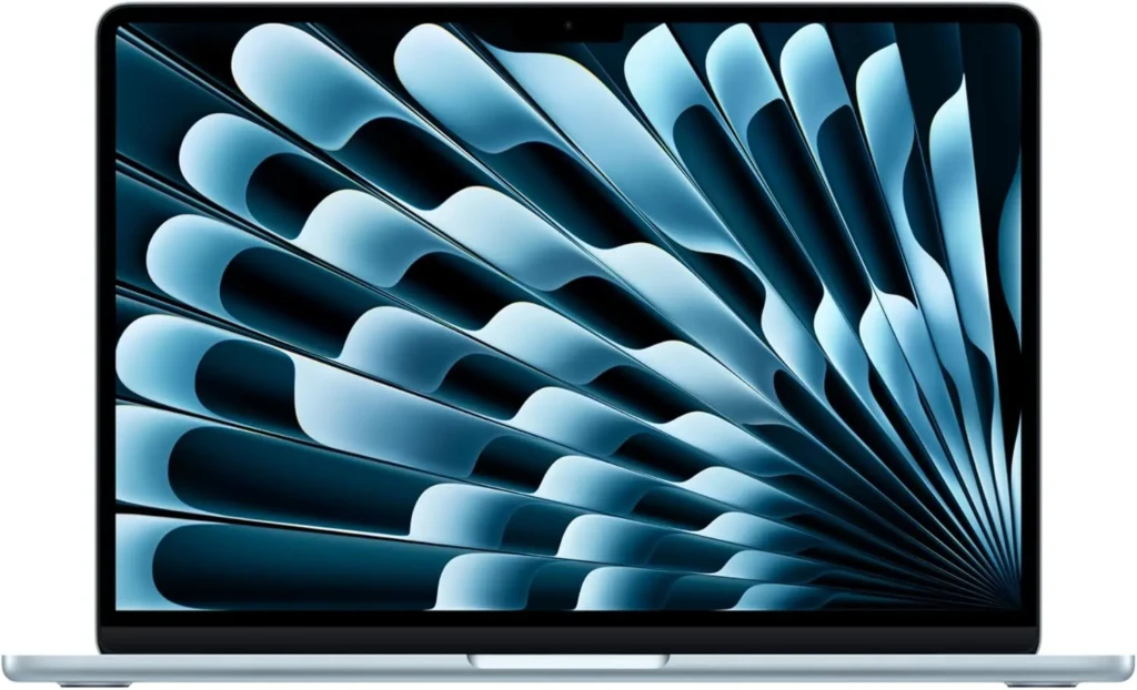 A sleek laptop displaying a vibrant abstract blue design on the screen, showcasing intricate wave patterns.