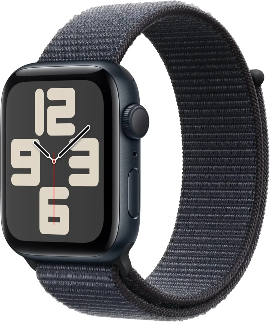 A close-up, angled view of an Apple Watch with a dark blue case and a matching textured fabric band. The screen displays a minimalist analog watch face with large beige numerals for 12, 3, 6, and 9 against a black background.