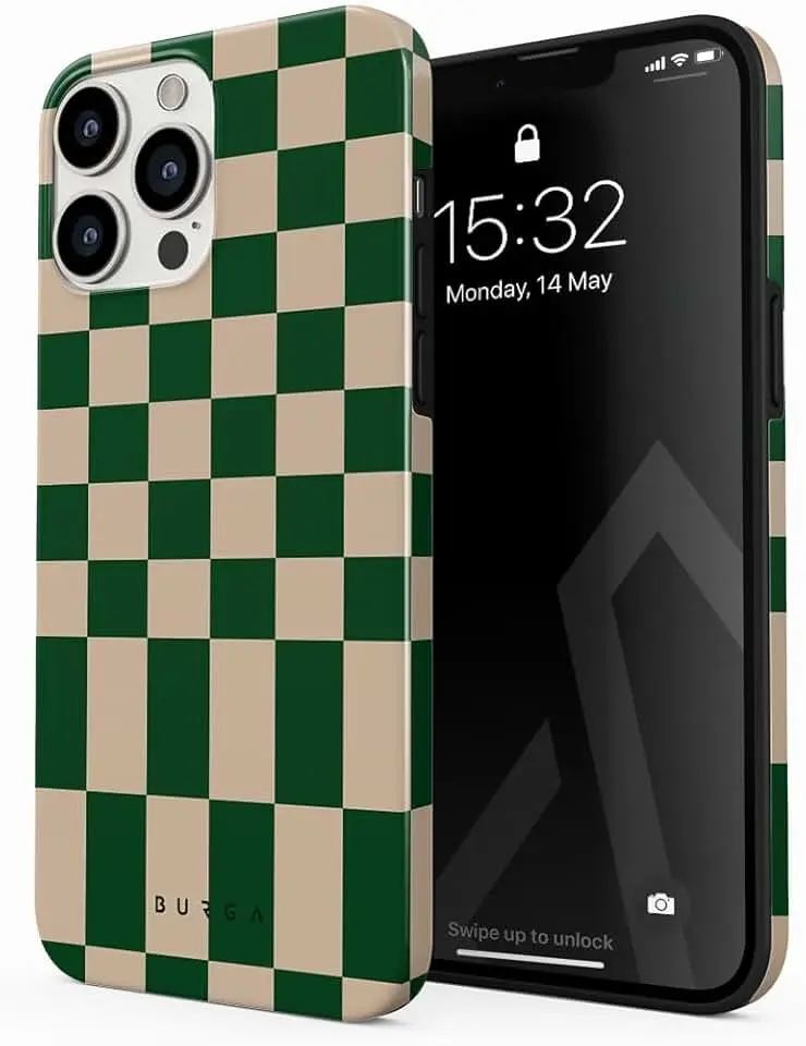 Smartphone shown from front and back wearing a green and beige checkered protective case with the screen turned on