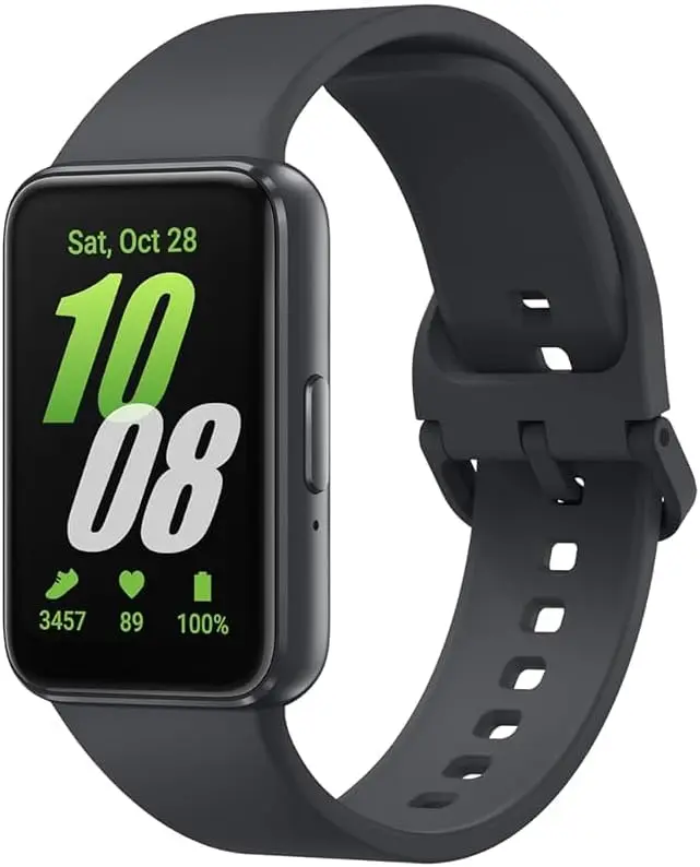 Samsung Galaxy Fit 3 fitness tracker with black rectangular display and dark gray silicone band showing time, steps, heart rate, and battery level.