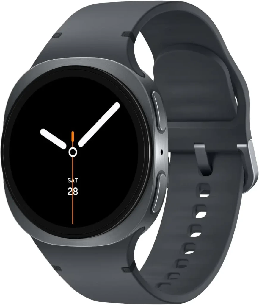 Samsung Galaxy Watch with dark gray round case and silicone band displaying an analog-style watch face.