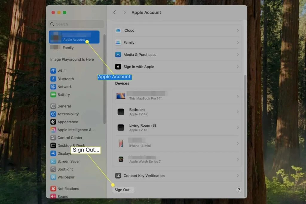 A screenshot of the macOS System Settings window, highlighting the process to sign out of an Apple Account. Yellow arrows point from the "Apple Account" section in the sidebar to the "Sign Out..." button at the bottom of the main panel, guiding the user through the logout procedure.