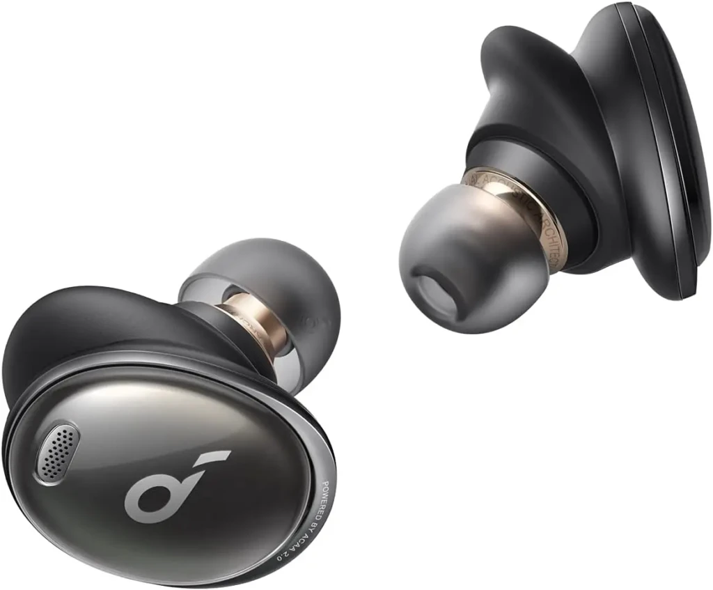 Close-up of sleek, wireless earbuds featuring black and metallic finishes, designed for high-quality audio performance.