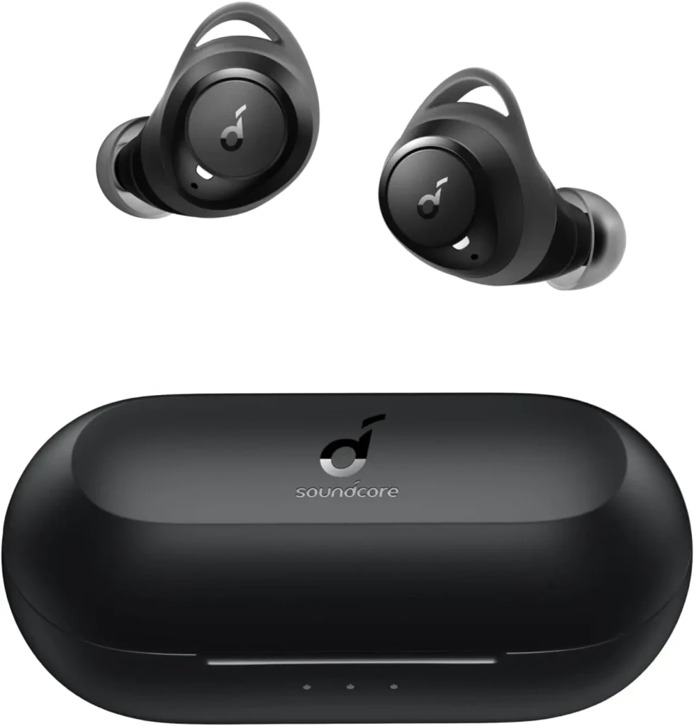 Black wireless earbuds with a charging case, featuring the Soundcore logo on the case and a sleek, minimalist design.