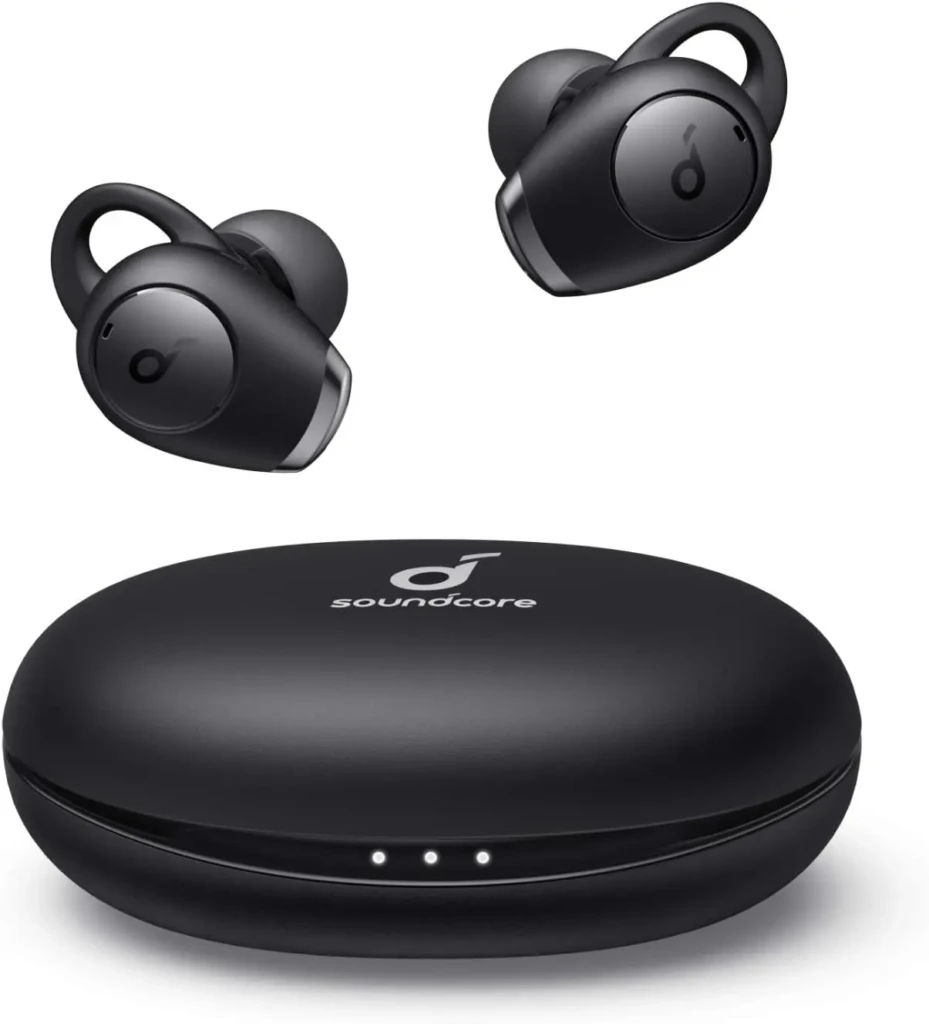 Black wireless earbuds and their charging case, featuring the Soundcore logo, positioned on a white background.