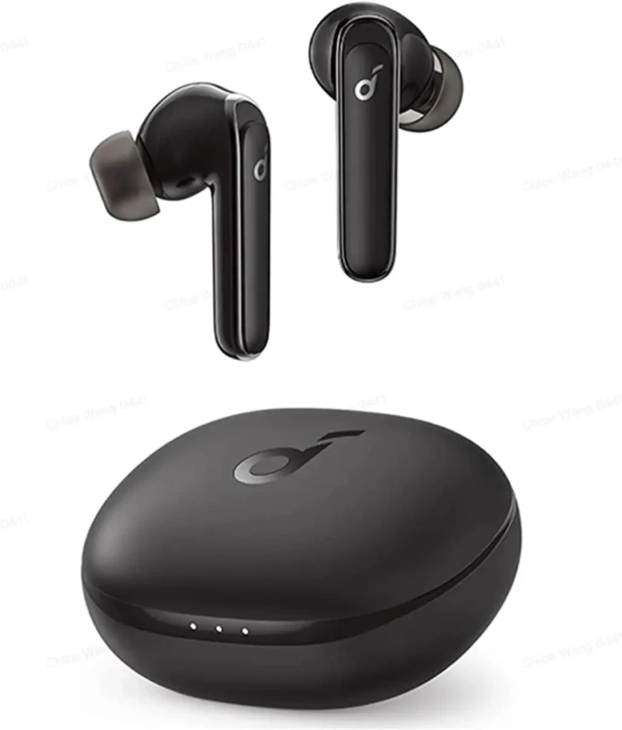 Wireless earbuds in black, with a charging case featuring LED indicators, designed for seamless connectivity and sound quality.
