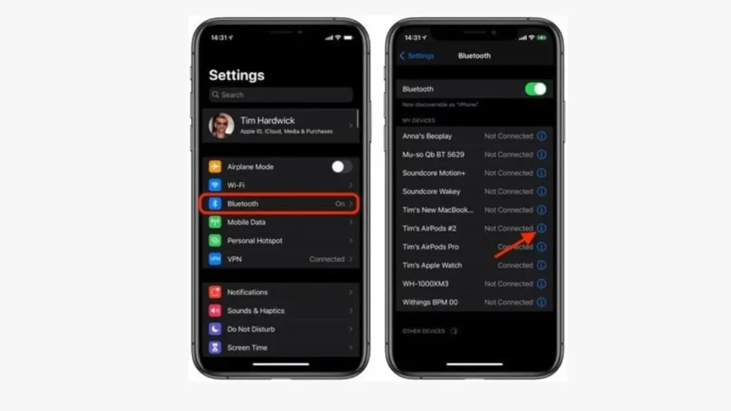 A two-panel screenshot demonstrating how to connect to AirPods via Bluetooth. The left panel highlights the "Bluetooth" option in the main Settings menu. The right panel shows the Bluetooth devices list, with an arrow pointing to "Tim's AirPods Pro," which is marked as "Connected."