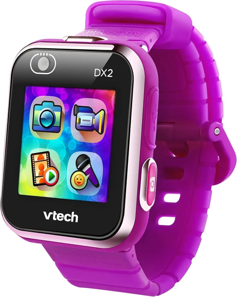 Purple VTech KidiZoom Smartwatch DX2 for kids with touchscreen displaying camera, video, and microphone icons.