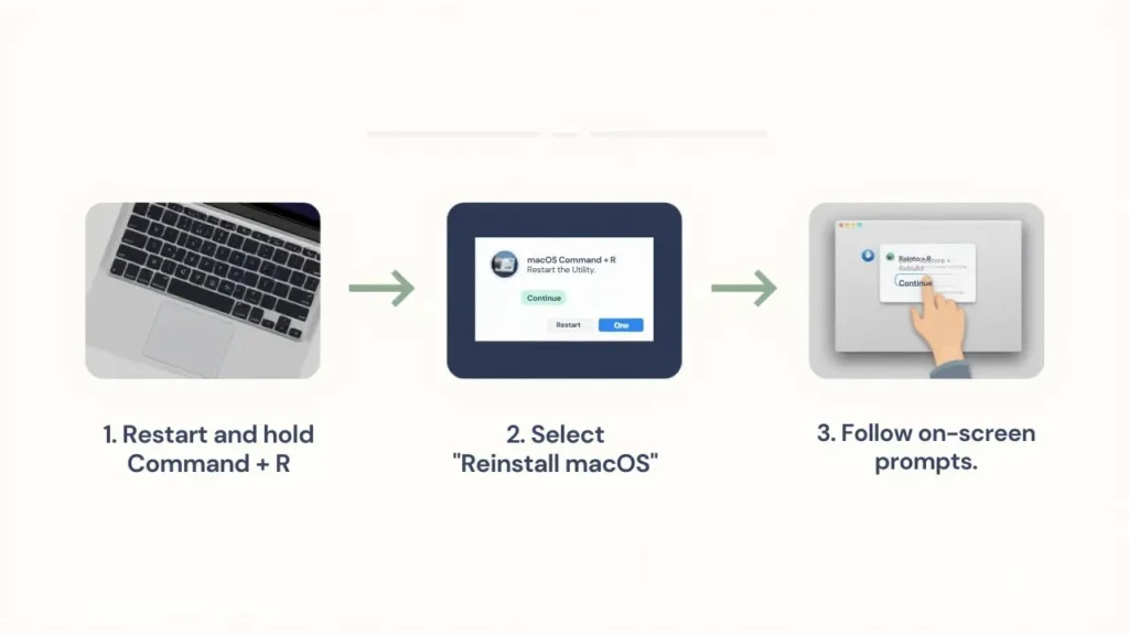An instructional diagram illustrating the three-step process to reinstall macOS. Step 1 shows restarting and holding Command + R. Step 2 shows selecting "Reinstall macOS" in the recovery utility. Step 3 shows following the on-screen prompts to complete the installation.