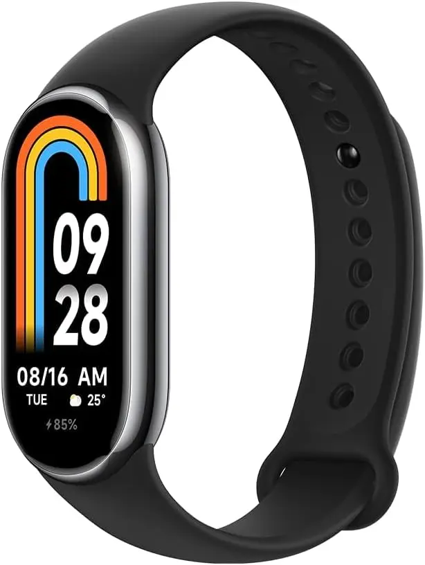 Xiaomi Mi Band 8 fitness tracker with black band and curved color display showing time, date, weather, and battery level.