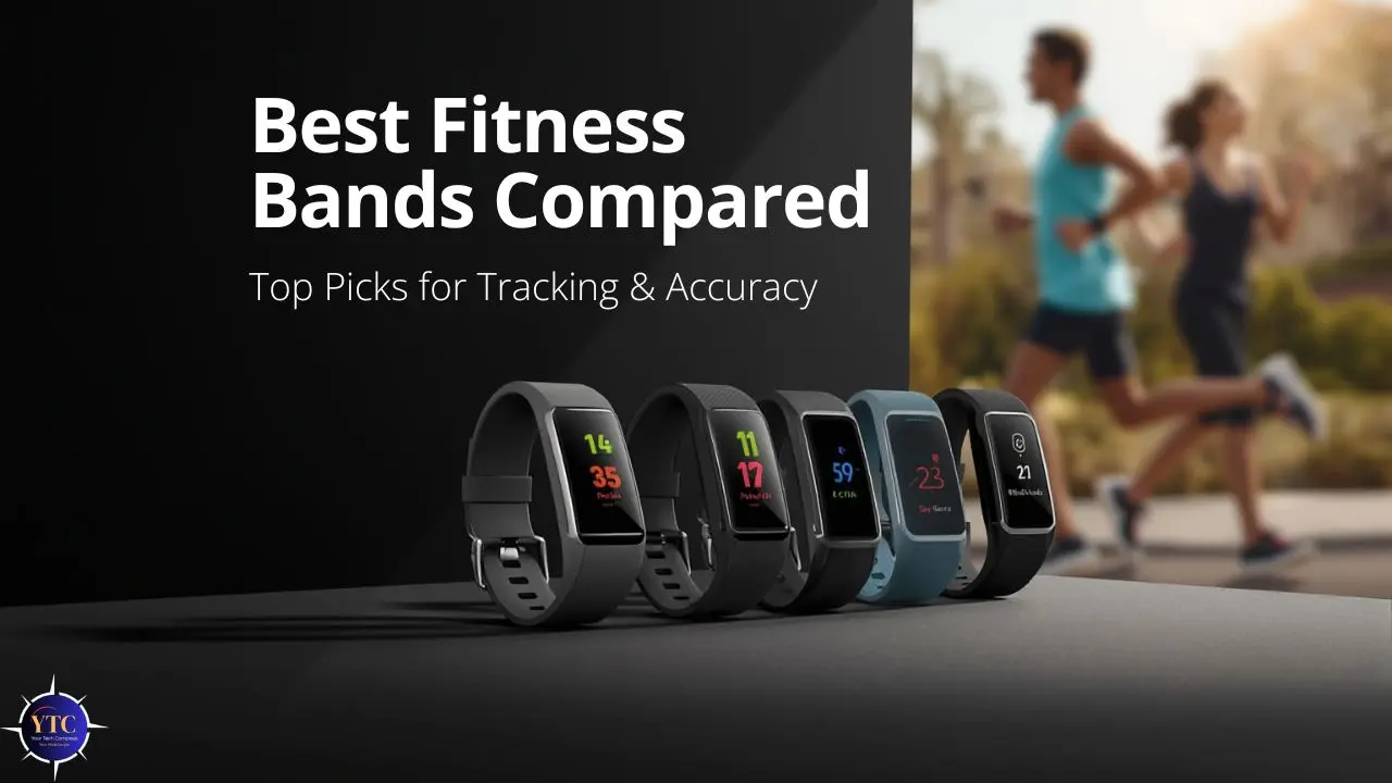 Row of fitness bands displayed on a surface with text reading ‘Best Fitness Bands Compared – Top Picks for Tracking & Accuracy.’